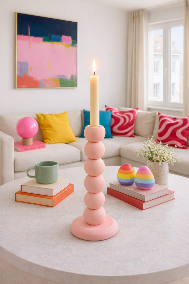 Bubble Desenli Mumluk & Şamdan - Şeftali Pembesi - 1