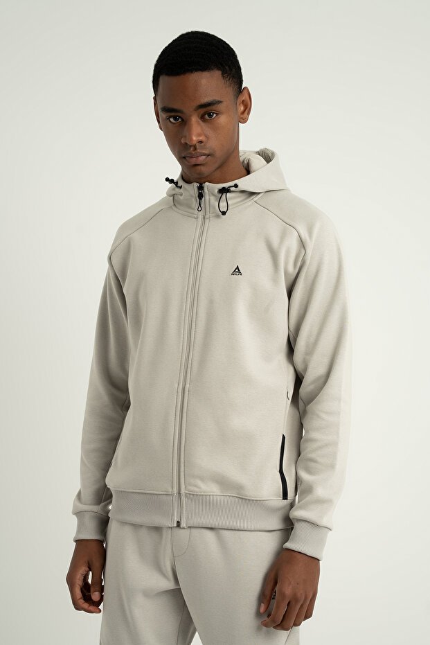 Supply Ms One Men's Full Length Zippered Lightweight Wool Hooded Sweatshirt Stone