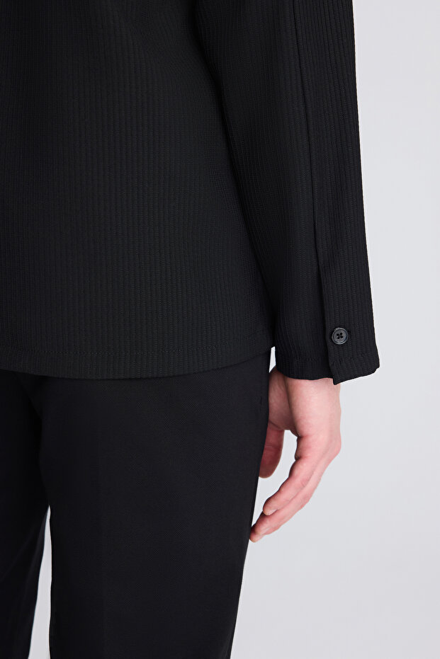 Relaxed Siyah Örme Gömlek Ceket - 7