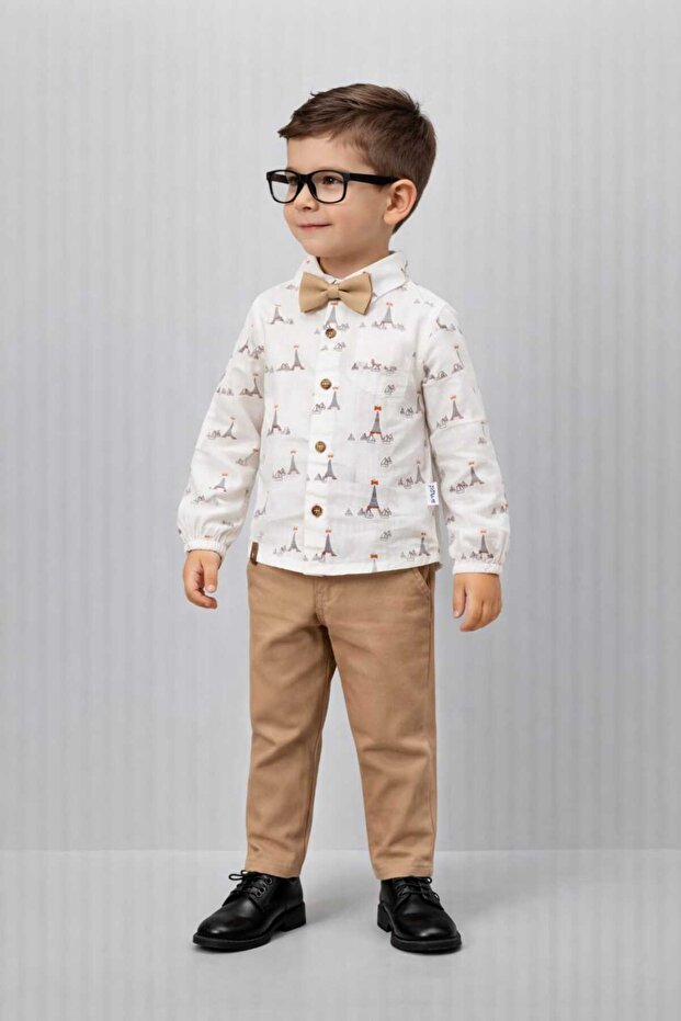 Printed Linen Shirt Gabardine Trousers Bow Tie Children's Suit