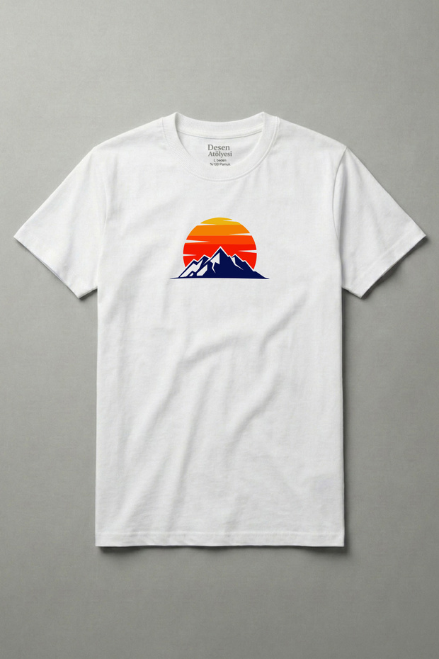 Cotton Mountain and Sun Printed White Basic Crew Neck Short Sleeve T-Shirt for Men - Women