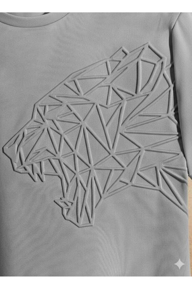 Men's Gray Gofre Printed Geometric Tiger T-Shirt | Full-Fit Crew Neck T-Shirt