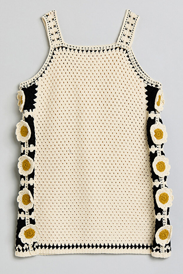 Girl's Cream Crochet Dress with Square Neck and Shoulder Straps