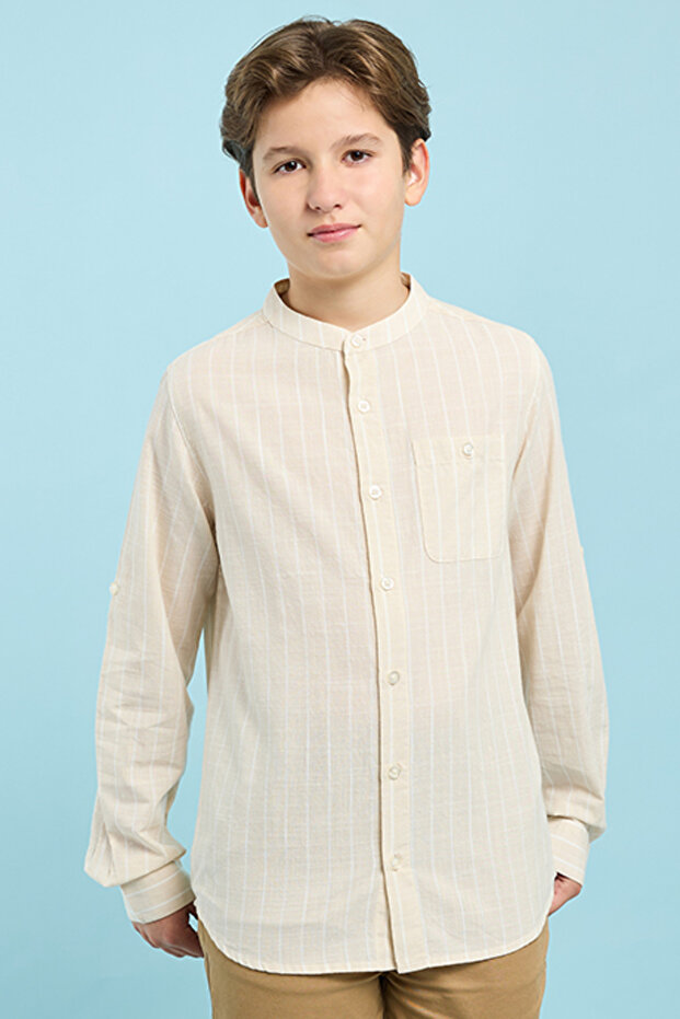 Boy's Beige Striped Shirt with Mandarin Collar and Long Sleeves