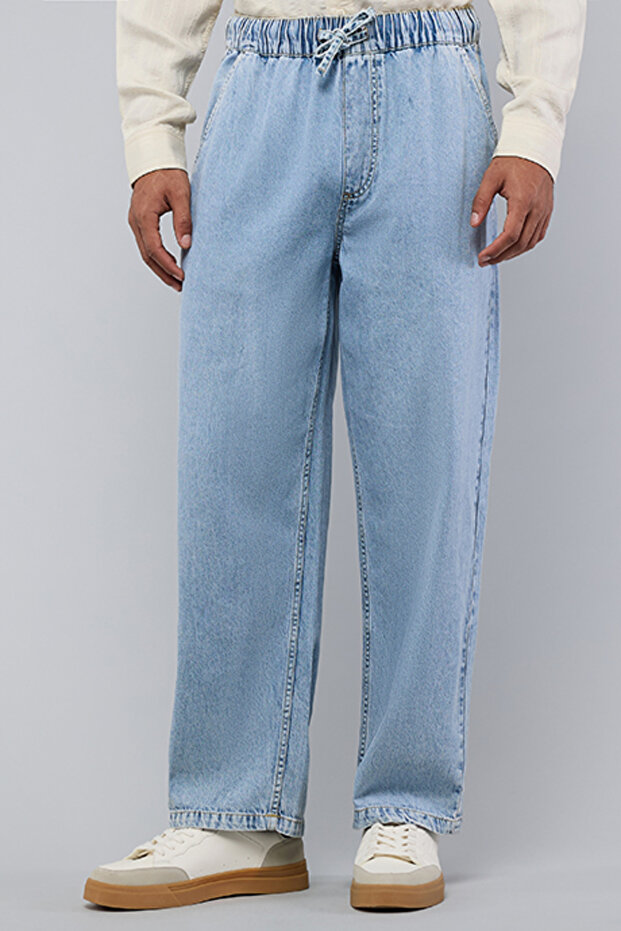 Men's Blue Washed Straight Fit Jeans with Elastic Waist
