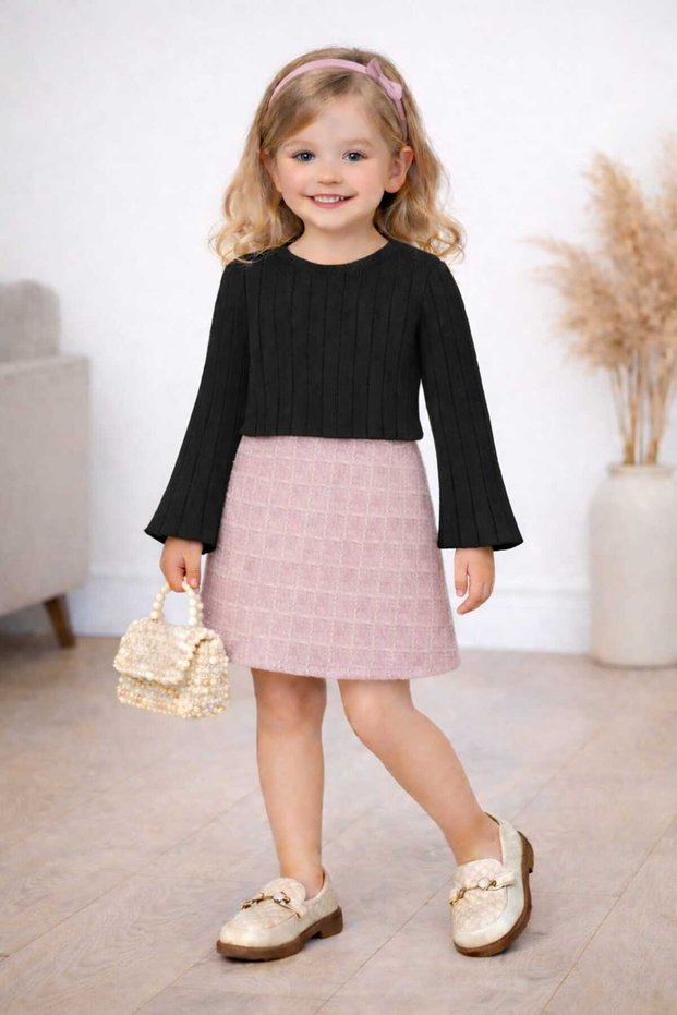 Children's Glitter Plaid Fabric Skirt and Spanish Sleeve Crop Top Set, Slim Fit, Order One Size Larger