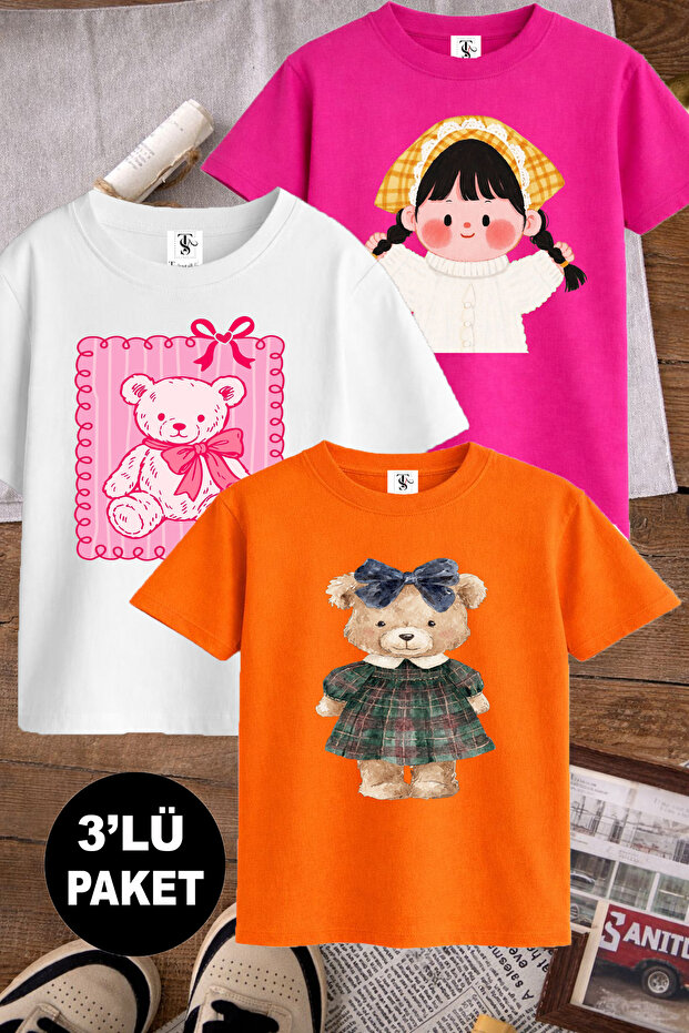 Cute Kids and Teddy Printed 3-Pack Pink-White-Orange Girls' T-Shirts