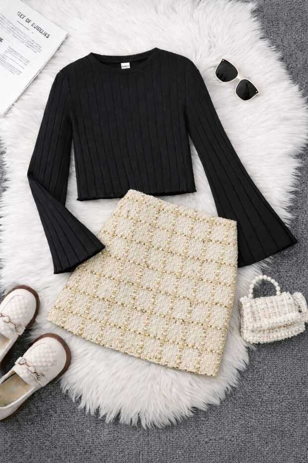 Children's Glitter Plaid Fabric Skirt and Spanish Sleeve Crop Badi Top and Bottom Set, Slim Fit, Order One Size Larger