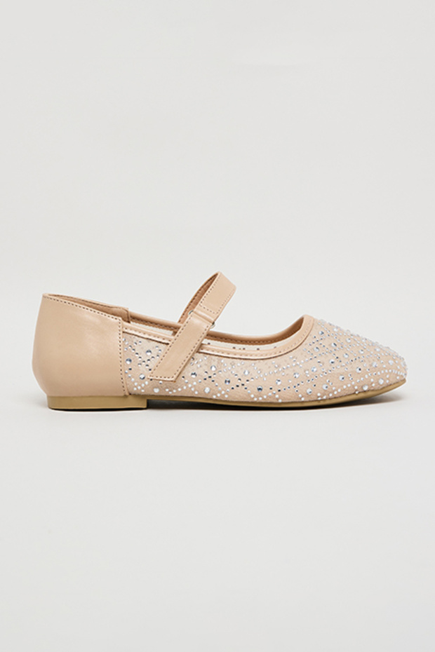 Girl's Beige Embellished Mary Jane Shoes