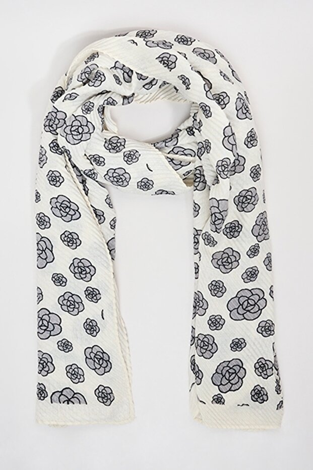 Women's White Floral Print Scarf, 180X85cm