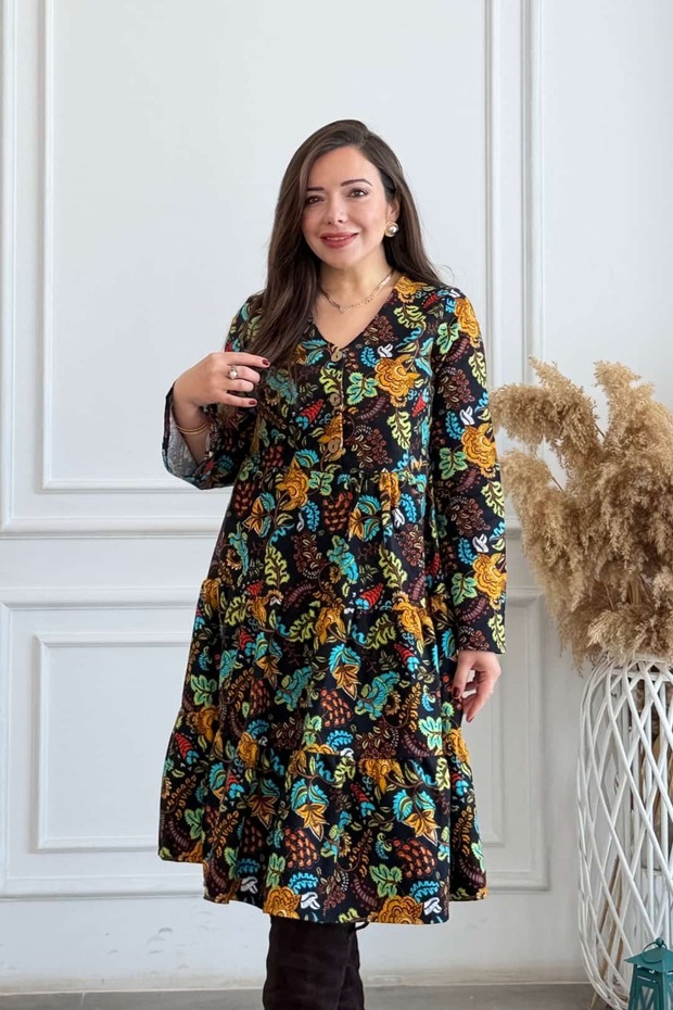 V-Neck Ruffled Flannel Dress