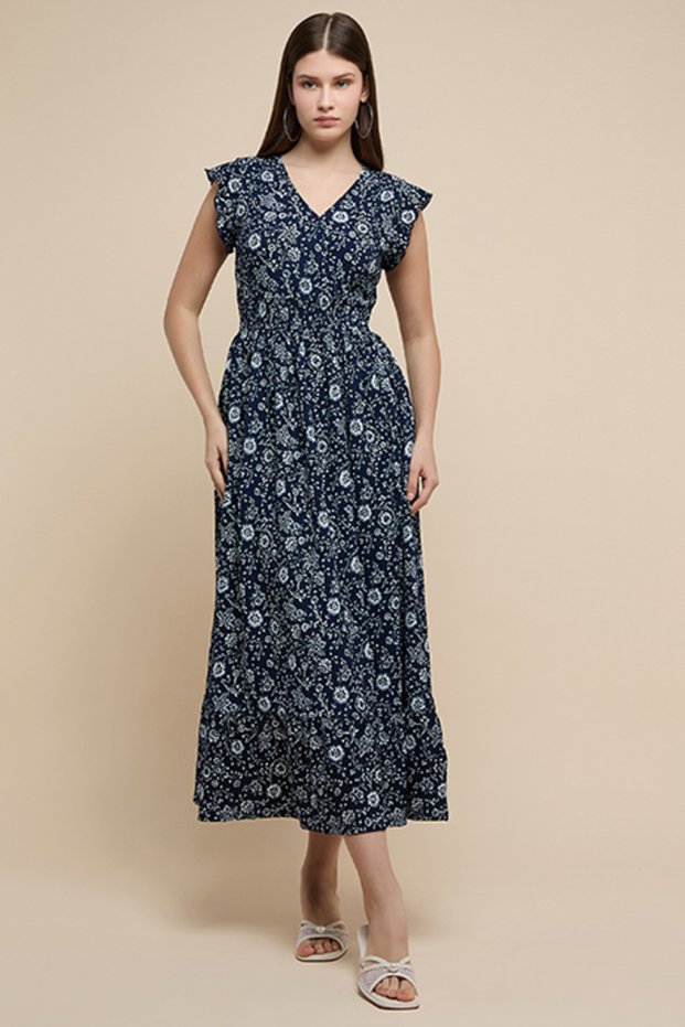 Women's Dark blue Printed Midi Dress with V-Neck and Short Sleeves