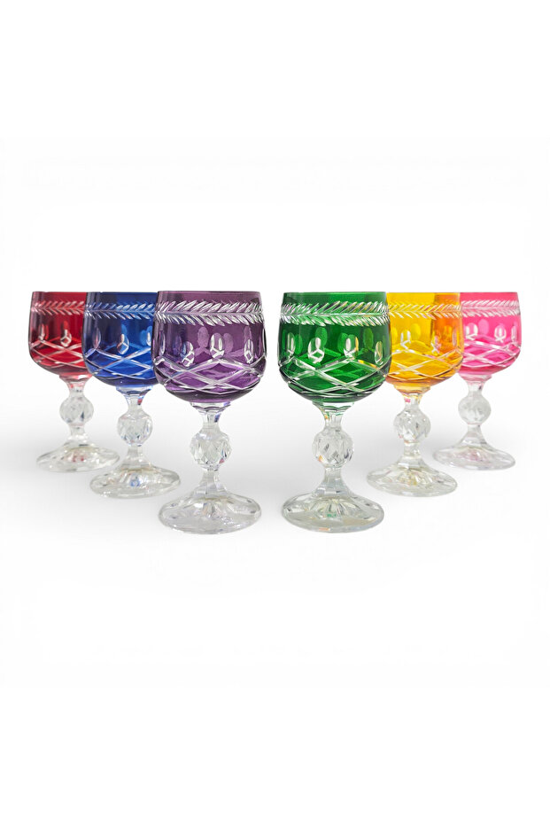Colorful Crystal Glass Goblet Set of 6 – Cut Patterned, Premium Presentation