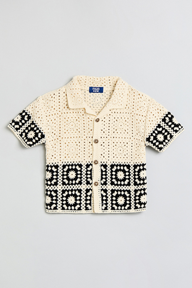 Boy's Cream Crochet Shirt with Revere Collar and Short Sleeves