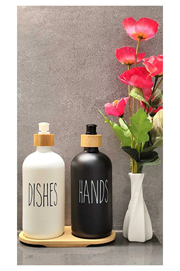 Set of 2 Kitchen Bathroom Liquid Soap Dispensers 500 ml + 500 ml Black White with Bamboo Tray