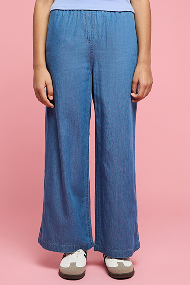 Girl's Blue Washed Wide Leg Denim Pants with Elastic Waist