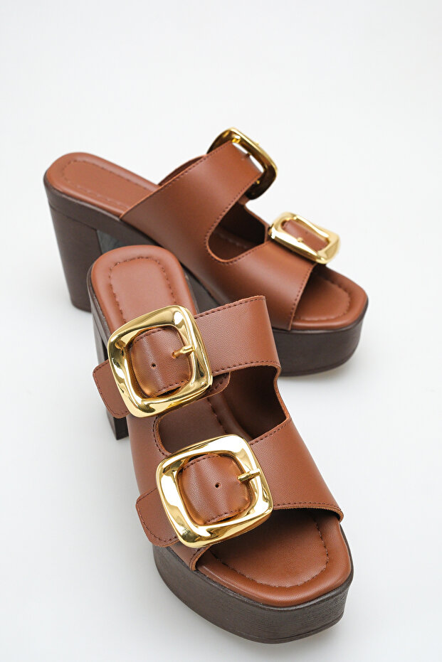 Halivette Brown Women's Buckle Detailed Double Strap Stylish Comfortable Casual Platform High Thick Heeled Slippers
