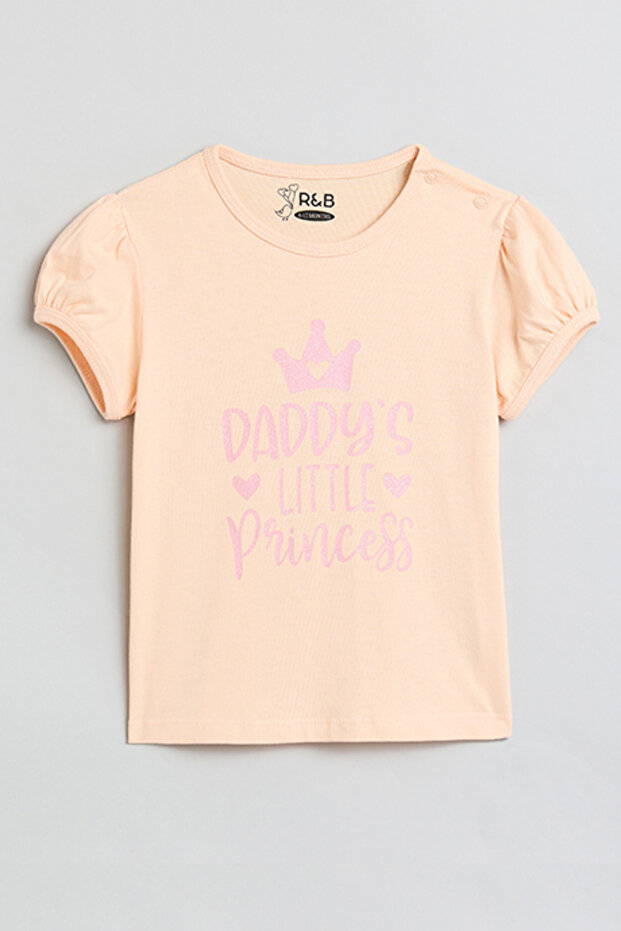 Girl's Orange Printed Top with Crew Neck and Puff Sleeves