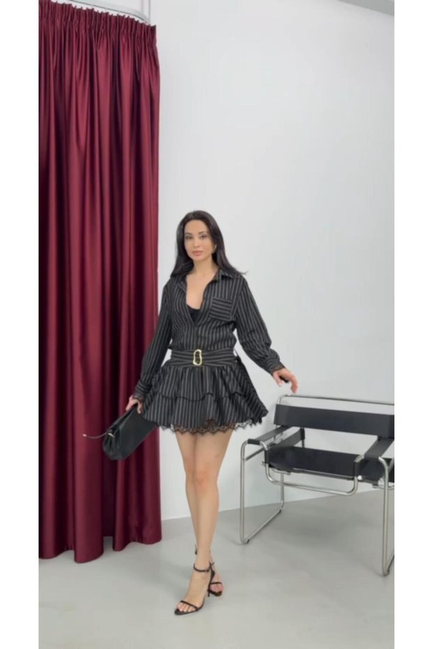 Women's Layered Skirted Lace Belted Long Sleeve Mini Crepe Dress