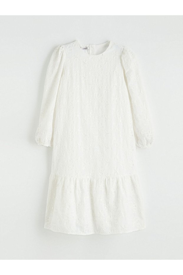Ecru Crew Neck Dress with Scallop Detail for Girls from Güli̇s Gi̇yi̇m