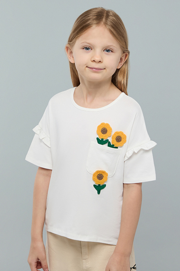 Girl's White Crochet Detail T-Shirt With Crew Neck And Short Sleeves