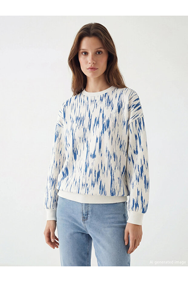 Lcw Modest Blue Crew Neck Print Women's Sweatshirt Tunic