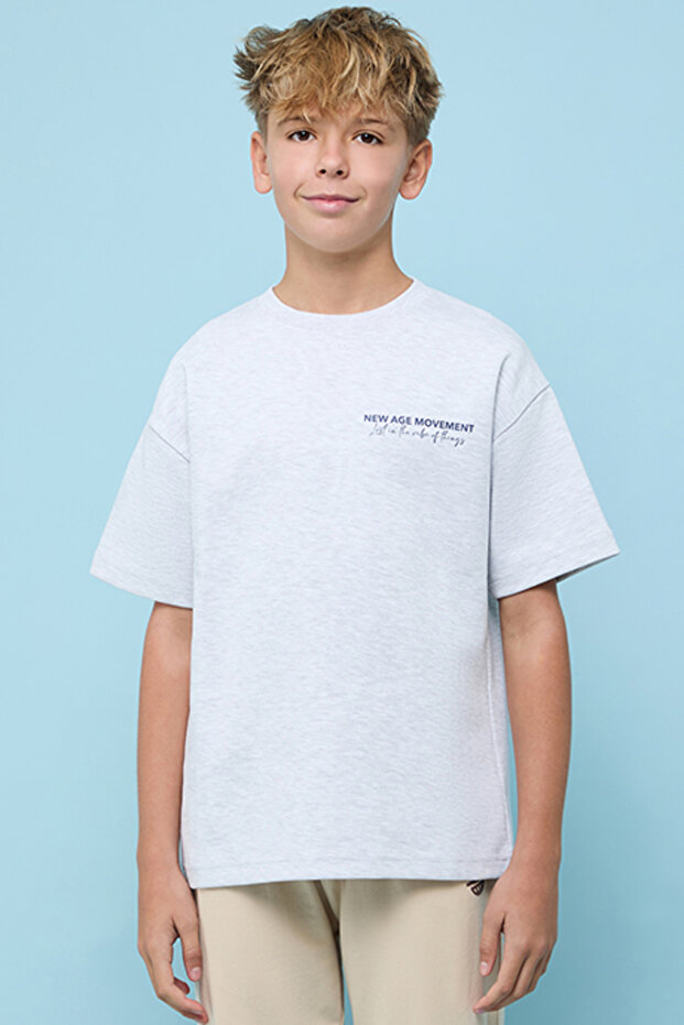 Boy's Gray Printed T-Shirt with Crew Neck and Short Sleeves