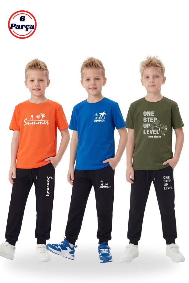 3-Piece Round Neck T-Shirt and Sweatpants with Print Detail 6-Piece Boys' Top and Bottom Set