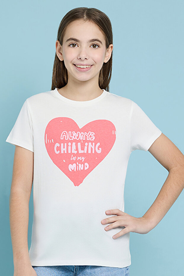 Girl's White Printed T-Shirt with Crew Neck and Short Sleeves