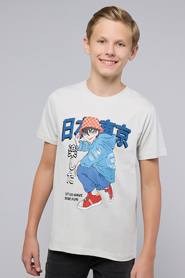 Boy's Gray Printed T-Shirt with Crew Neck and Short Sleeves