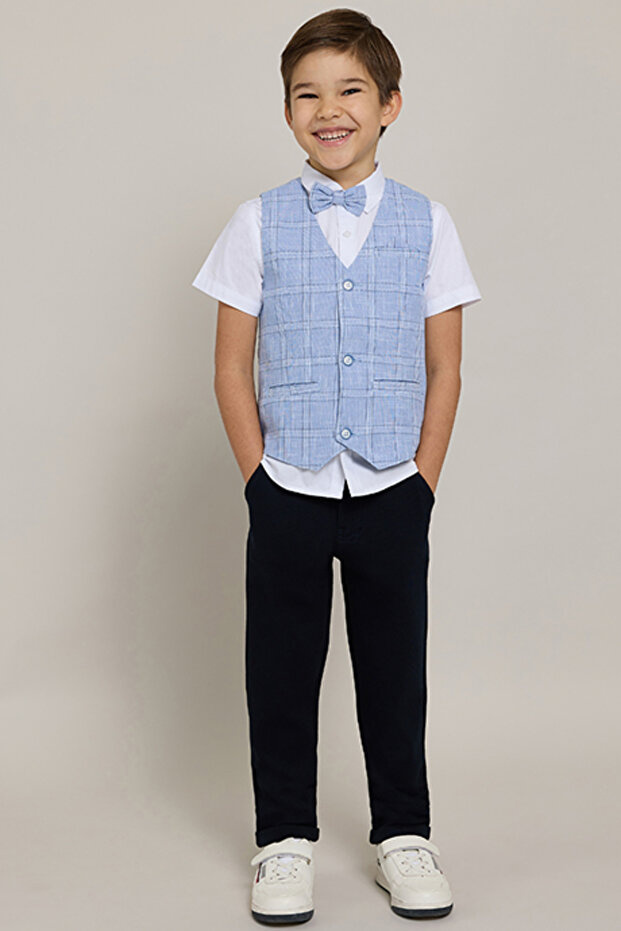 Boy's Gray Solid Shirt And Plaid Waistcoat Set