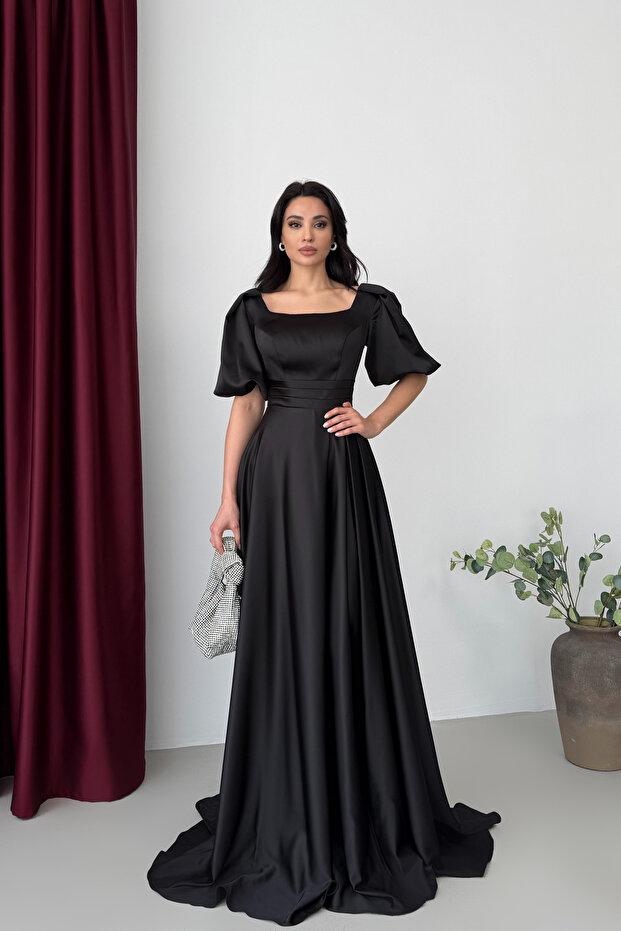 Black Square Neck Balloon Sleeve Maxi Evening Dress