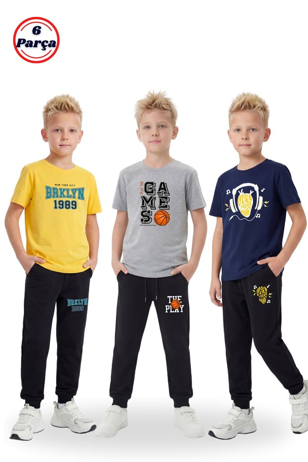 3-Piece Round Neck T-Shirt and Sweatpants with Print Detail 6-Piece Boys' Top and Bottom Set