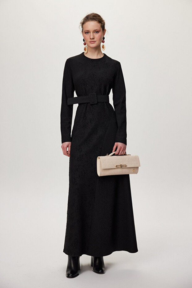 Belted Jacquard Detailed Black Dress 0535