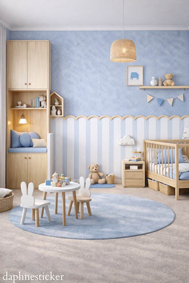 Slatted Wall Sticker Blue Striped + Wavy Wooden Slat | Scandinavian Boho Baby/Children's Room Decor