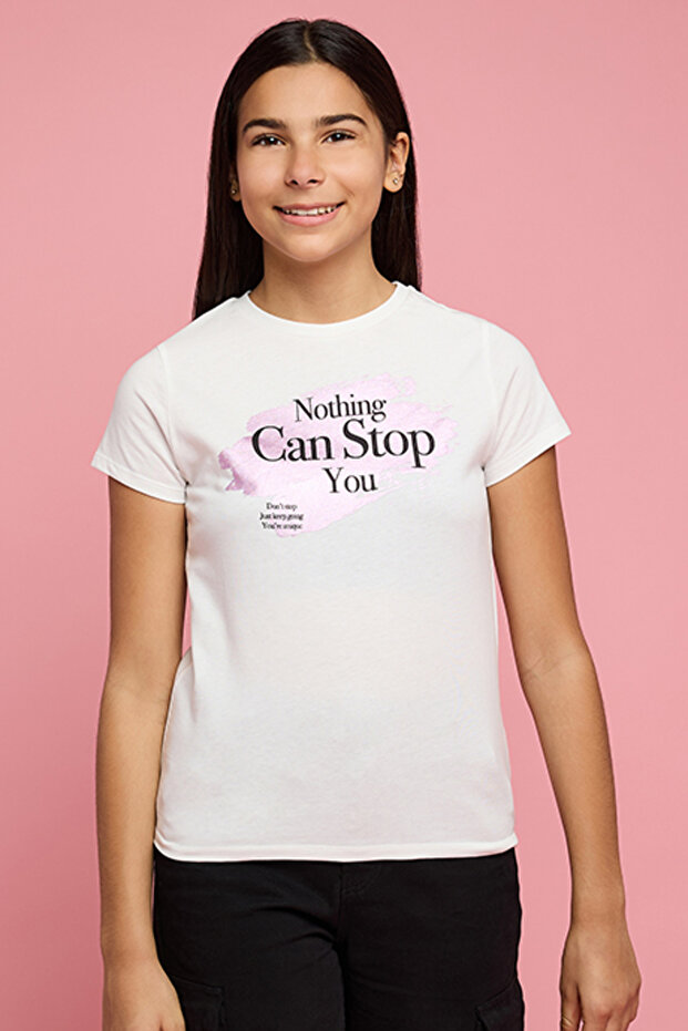 Girl's White Printed T-Shirt with Crew Neck and Short Sleeves