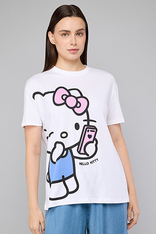 Women's White Hello Kitty Print T-Shirt with Crew Neck and Short Sleeves