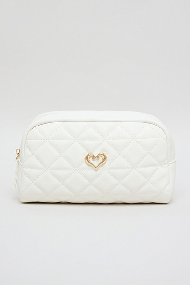 Women's Cream Quilted Cosmetic Pouch