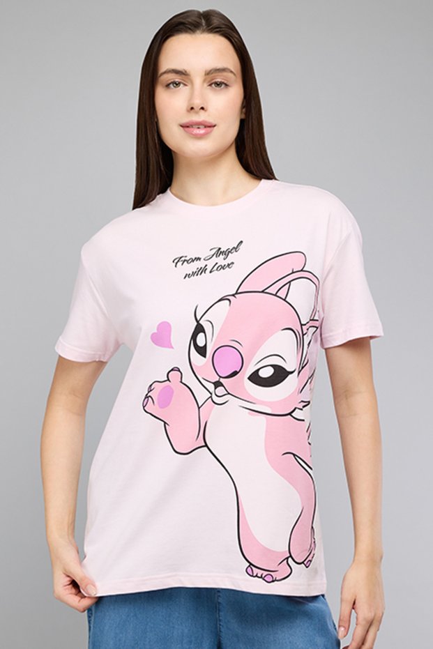Women's Pink Angel Print T-Shirt with Crew Neck and Short Sleeves