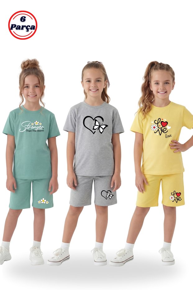 3-Piece Round Neck T-Shirt and Colorful Capri Pants with Print Detail 6-Piece Girls' Bottom and Top Set