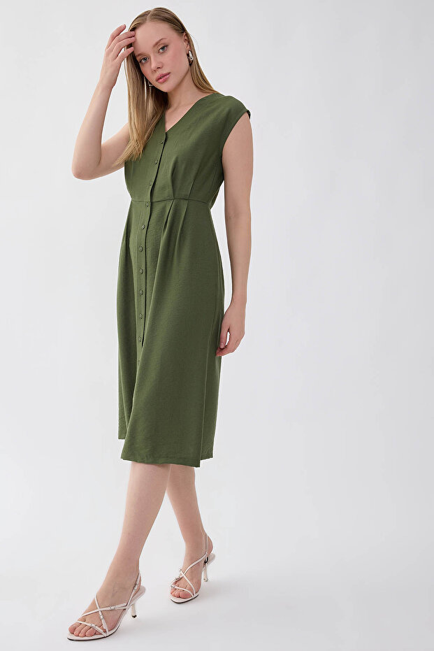 Düğmeli V Yaka Elbise - 4