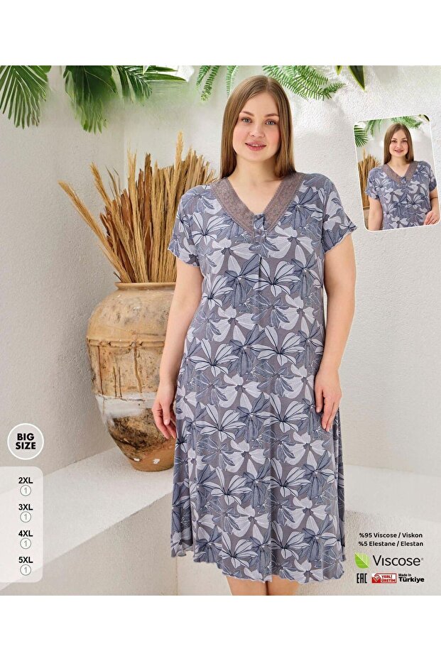 Women's Short Sleeve Plus Size Lace Detailed Buttoned Midi Length Floral Pattern Nightgown