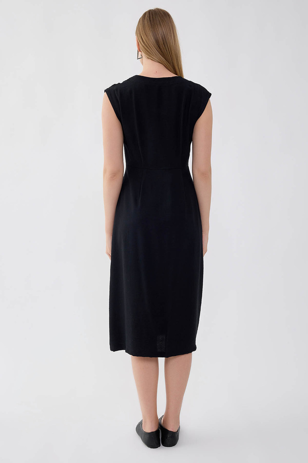 Düğmeli V Yaka Elbise - 5