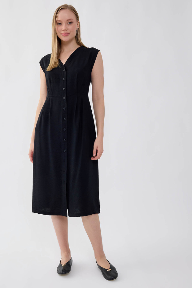 Düğmeli V Yaka Elbise - 7