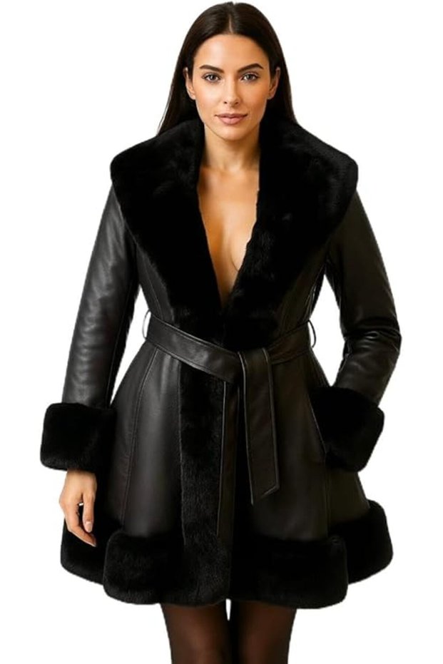Women’s Luxury Leather Coat with Faux Fur Trim – Belted Winter Jacket