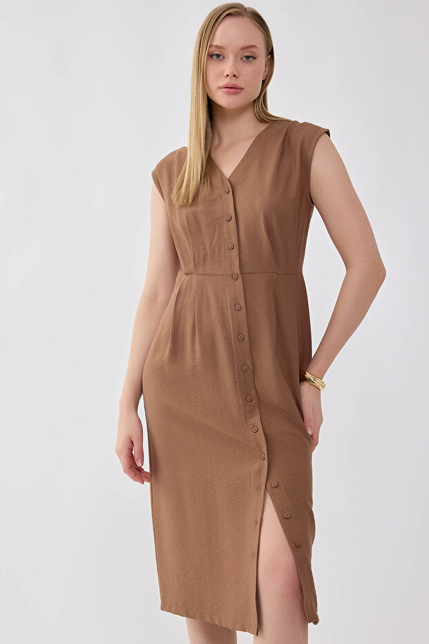 Düğmeli V Yaka Elbise - 5