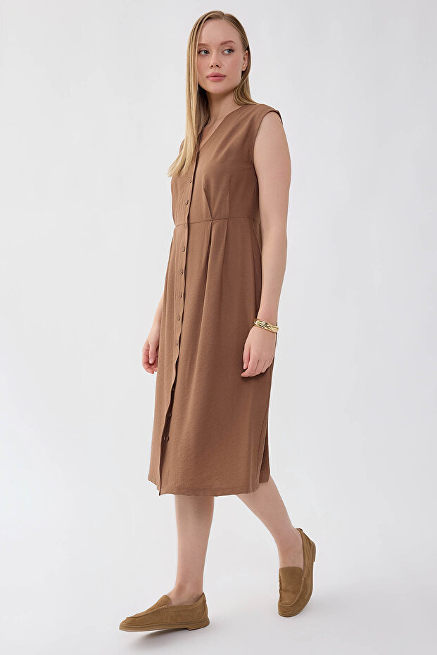 Düğmeli V Yaka Elbise - 3