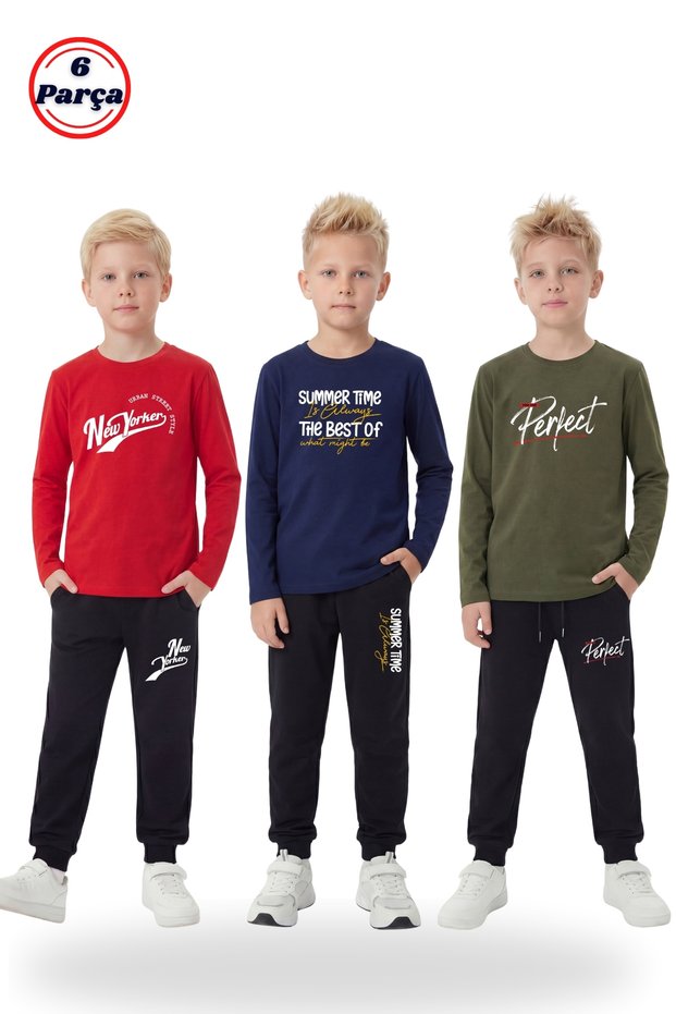 3-Piece Crew Neck Sweatshirt and Sweatpants, Printed Detail 6-Piece Boys Top and Bottom Set