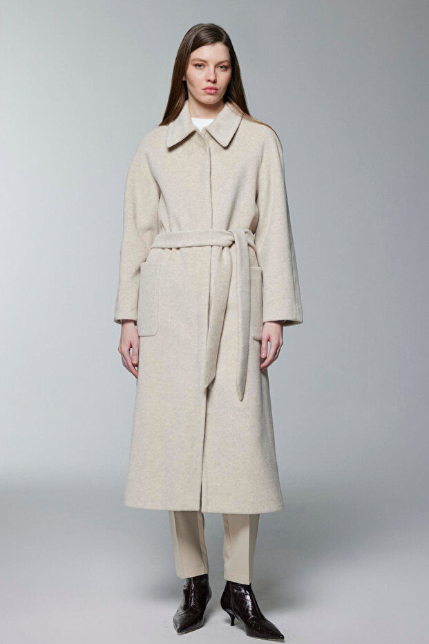 Beige Coat with Pocket Detail and Belt 13829