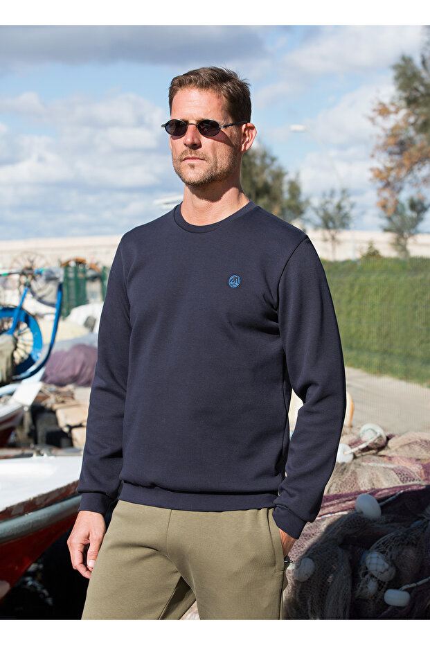 Navy Blue Men's Crew Neck Basic Sweatshirt Solid Color - 1